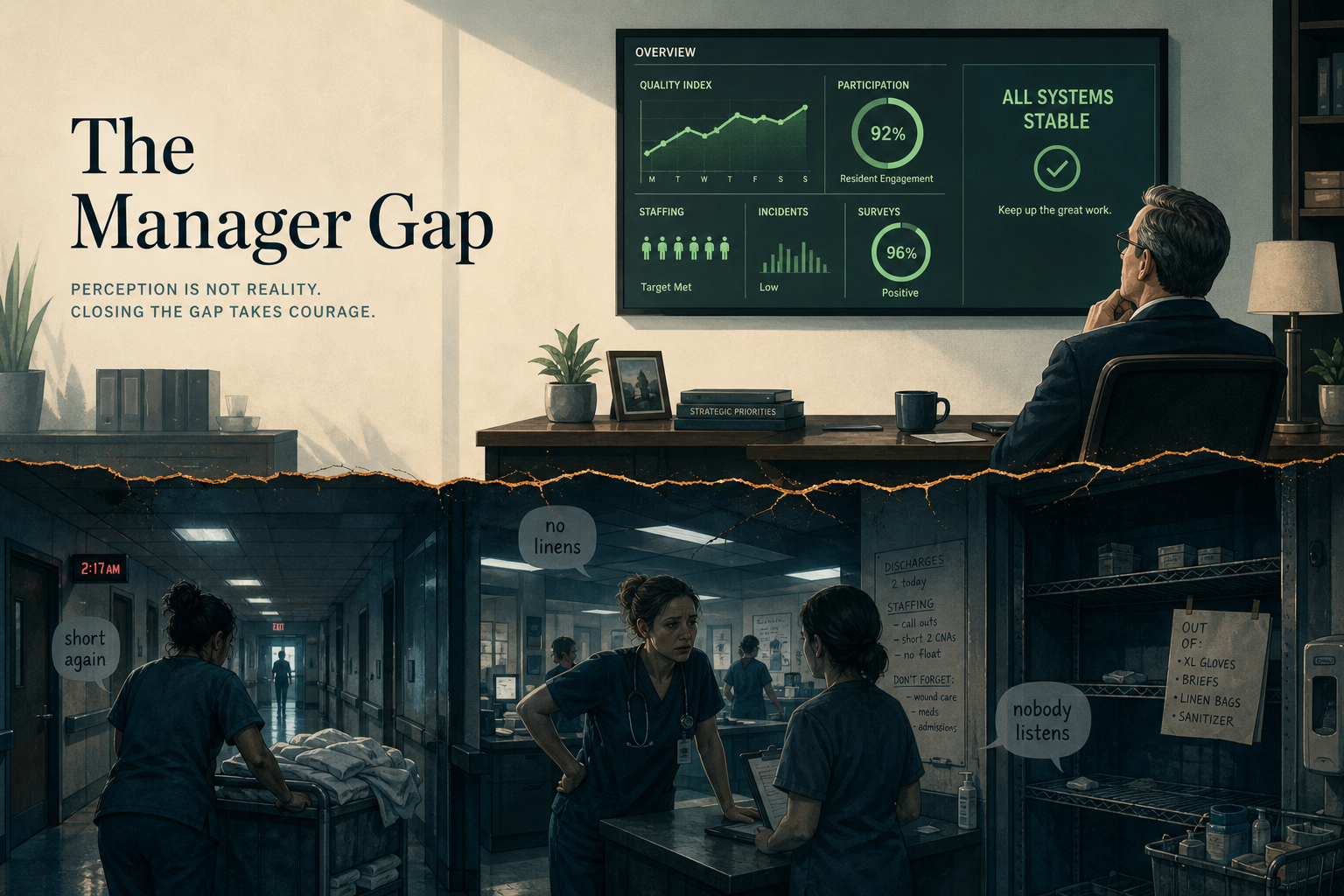The Manager Gap — administrator's green dashboard above, frontline reality below